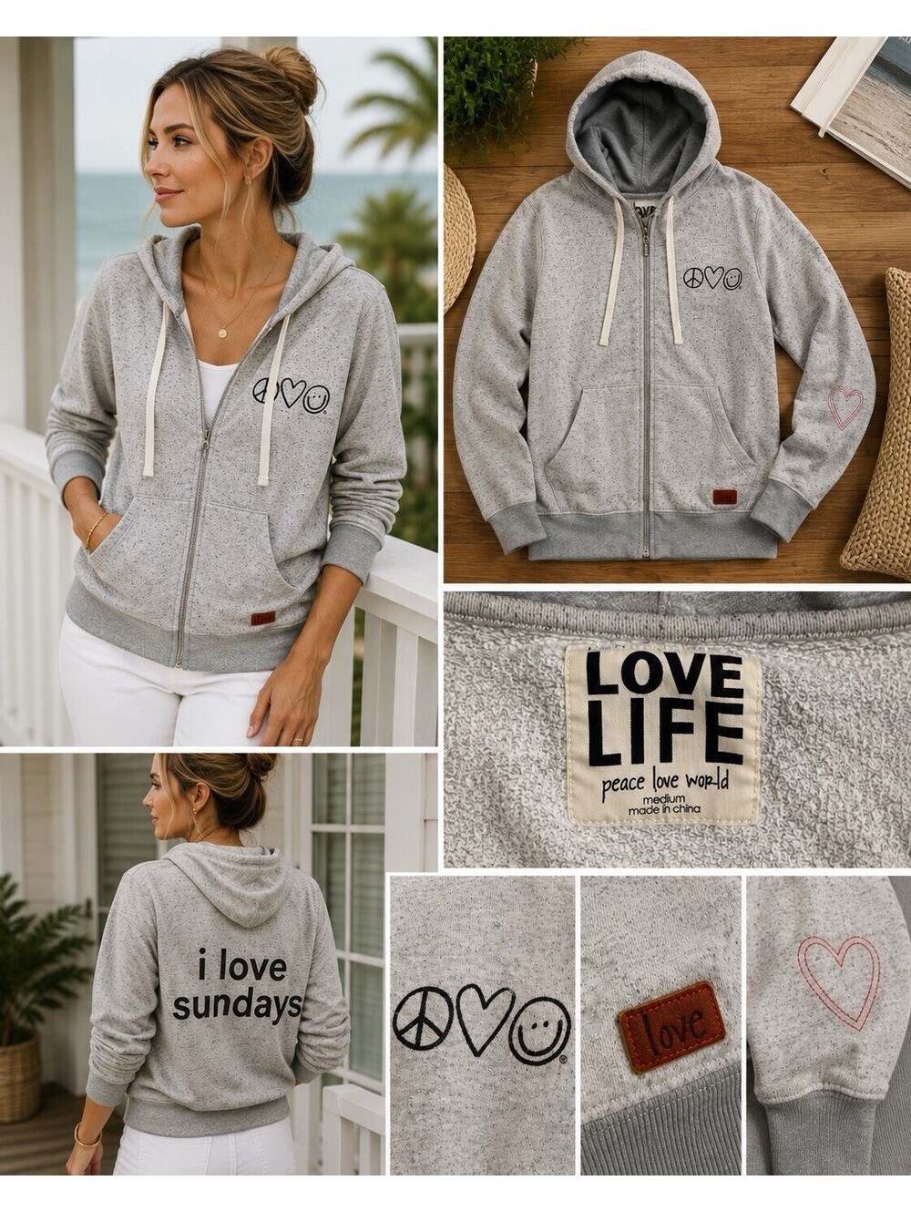 Peace Love World Love Life Women’s Medium Gray Zip Hoodie I Love Sundays